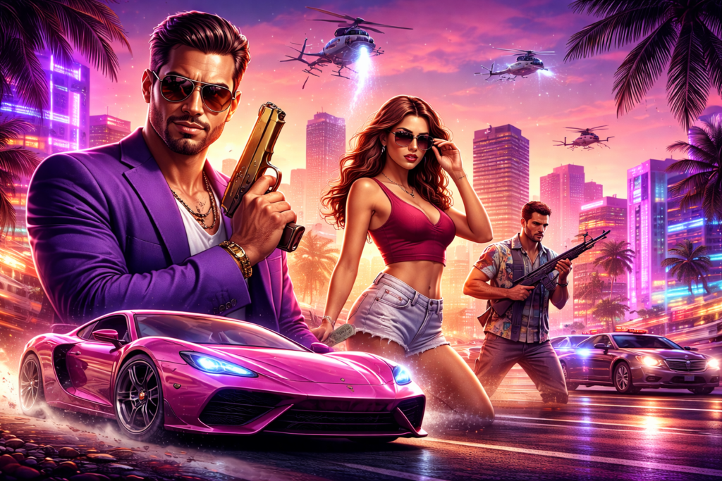 GTA VI Pode Chegar Mais Cedo? Rumores de Lançamento Antecipado Agitam a Comunidade em 2026! 1 Ilustração inspirada em GTA VI com cidade tropical em estilo Vice City, personagens armados,