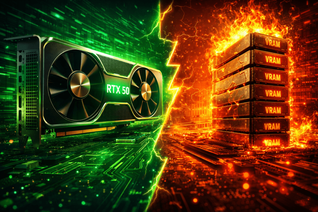 RTX 50 vs Crise de VRAM: O Guia Definitivo para sua Próxima Placa de Vídeo em 2026 1 Ilustração comparativa mostrando uma placa de vídeo de nova geração inspirada na RTX 50 com design futurista e iluminação verde, contrastando com módulos de VRAM superaquecidos em chamas, representando a crise de memória gráfica e o desafio de escolher a melhor GPU para jogos e desempenho em 2026.
