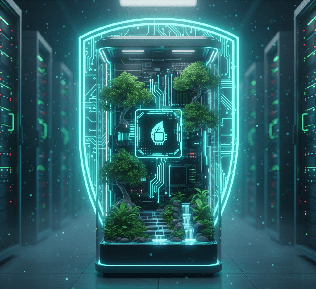 IA Verde: Eficiência energética em IA local 1 Ilustração de um servidor de IA integrado a elementos naturais simbolizando Eficiência energética em IA local
