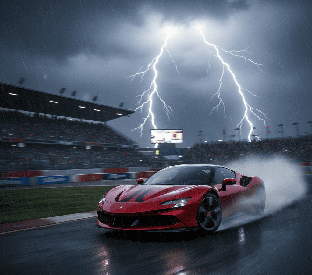 Lançamento de Forza 6: O Guia Completo do Simulador de Corridas 2 Carro FERRARI GT na chuva representando o lançamento de Forza 6
