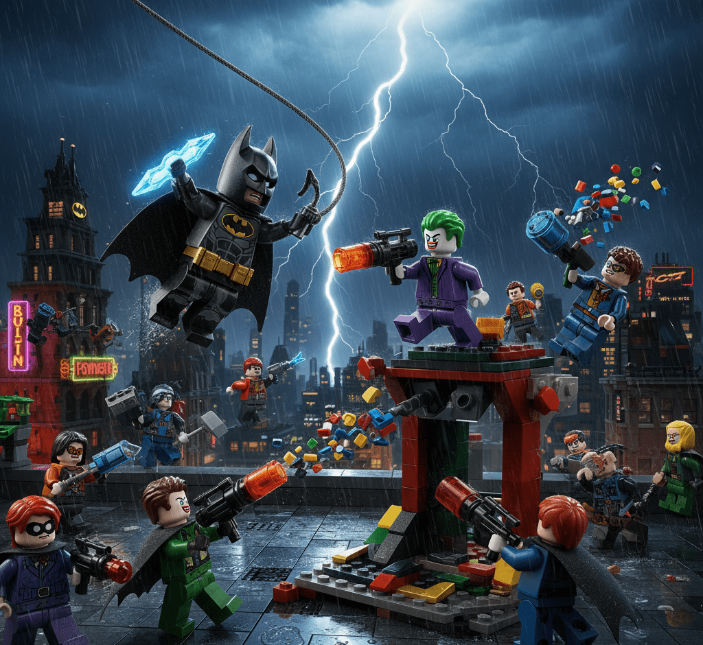 personagens LEGO Batman em cenário de ação