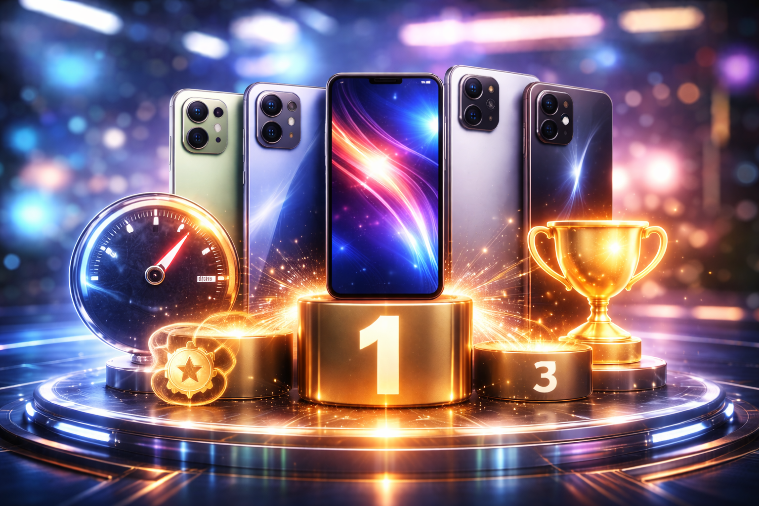Ranking de hardware mostrando Os Celulares Mais Potentes de 2026 com luzes neon e processadores expostos