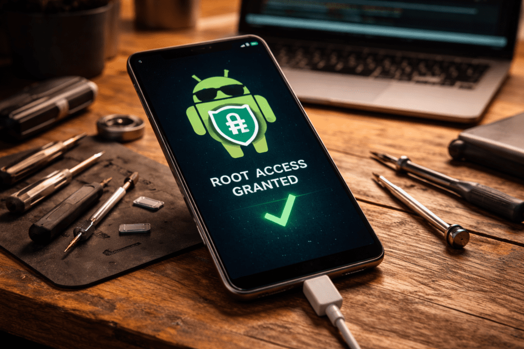 Smartphone moderno com ícone de cadeado aberto e circuitos brilhantes, representando o ato de fazer root celular.