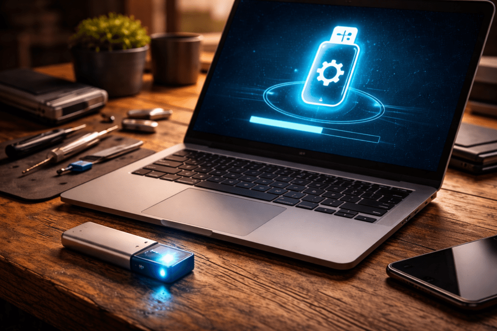 Um pendrive moderno brilhando com luzes azuis futuristas conectado a um notebook, representando o ato de criar pendrive bootável.
