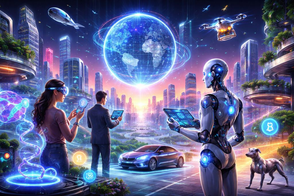 Pessoa usando óculos de realidade aumentada em um escritório moderno, ilustrando as tecnologias que vão bombar.