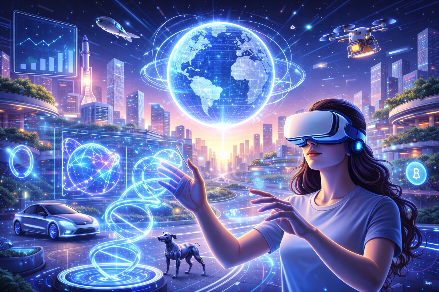 Uma cidade inteligente futurista com hologramas e carros elétricos, representando as tecnologias que vão bombar.