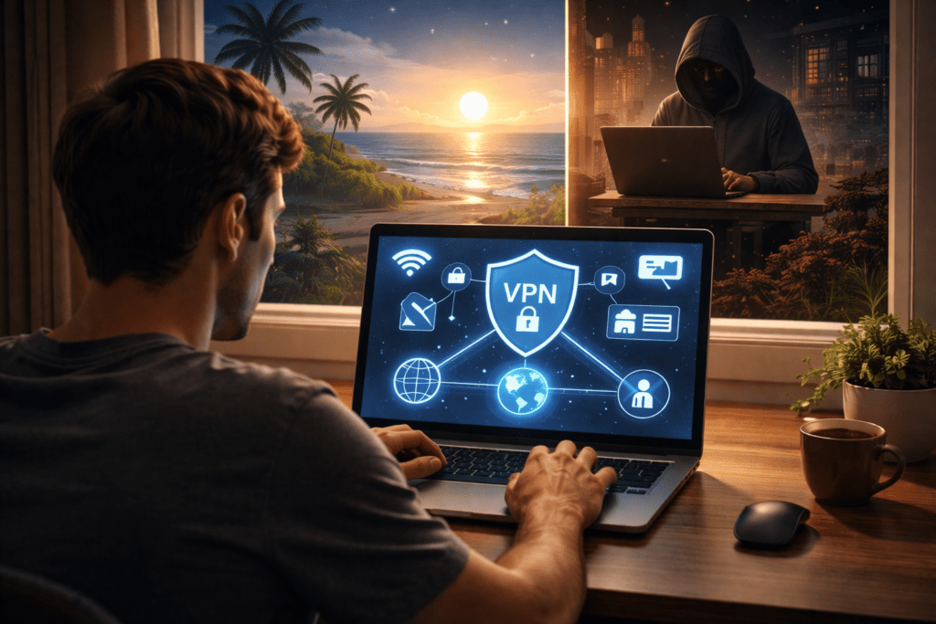 Uma pessoa tranquila usando pcem casa demonstrando que vpn vale a pena para proteção.