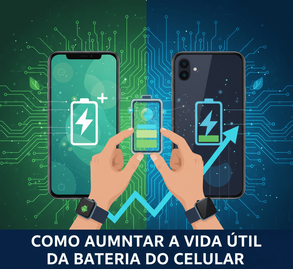 Representando o cuidado com a bateria, com elementos de Android e iPhone, e uma estética que remete à energia e prolongamento da vida útil.
