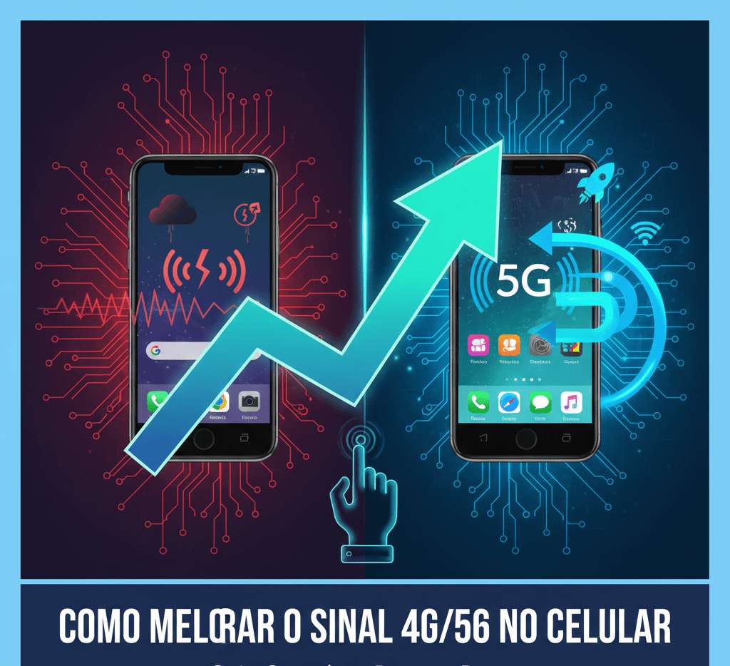 Representando a melhoria do sinal 4G/5G, com um celular e ondas de conexão se fortalecendo em um cenário moderno.