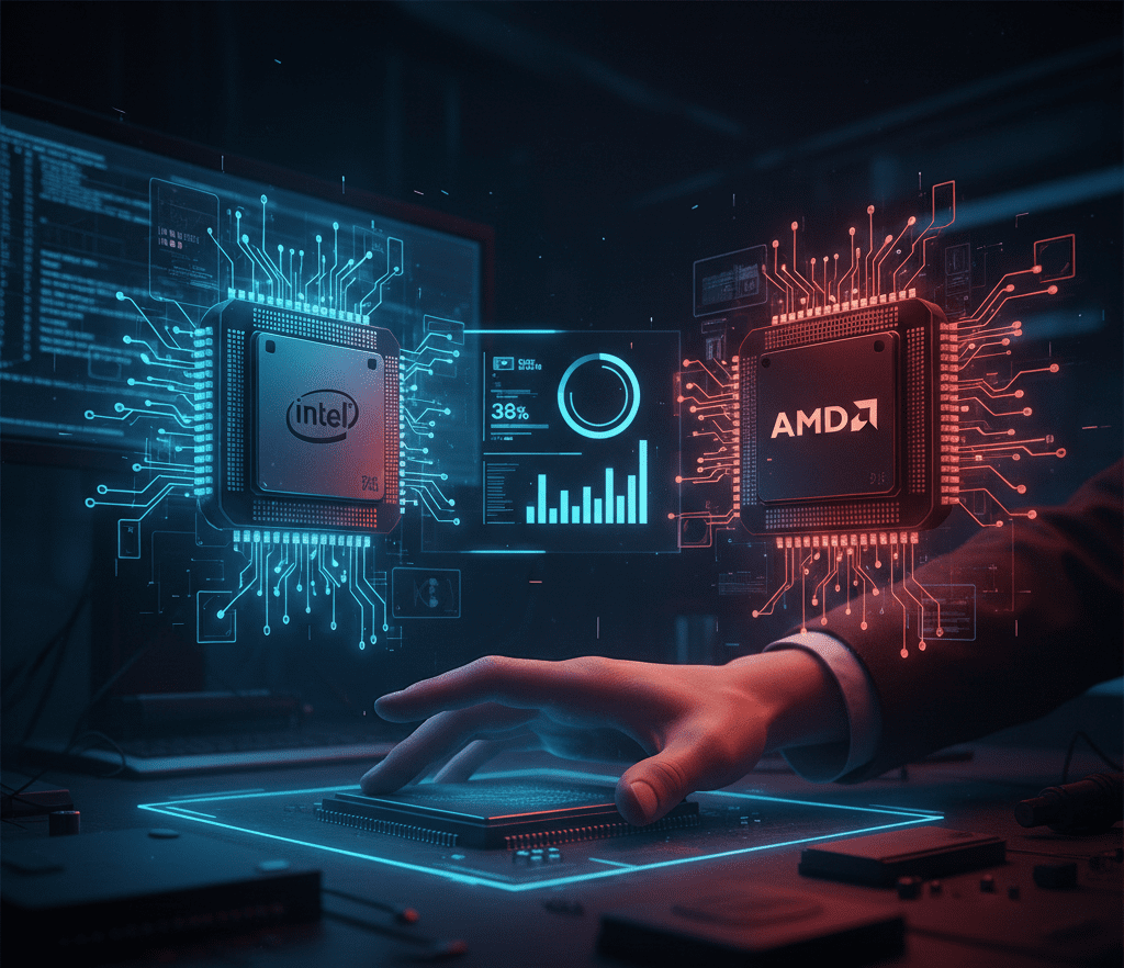 Representando a escolha e comparação de processadores, com uma estética futurista e elementos que remetem à Intel e AMD